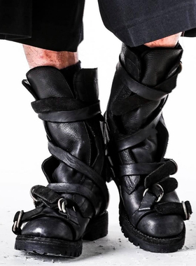 山本风暗黑复古做旧机车靴男女绑带马丁靴短筒皮带扣废土风时装靴