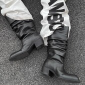 暗黑复古真皮褶皱中筒西部靴犀牛角翘头骑士靴褶皱宽松堆堆长靴男