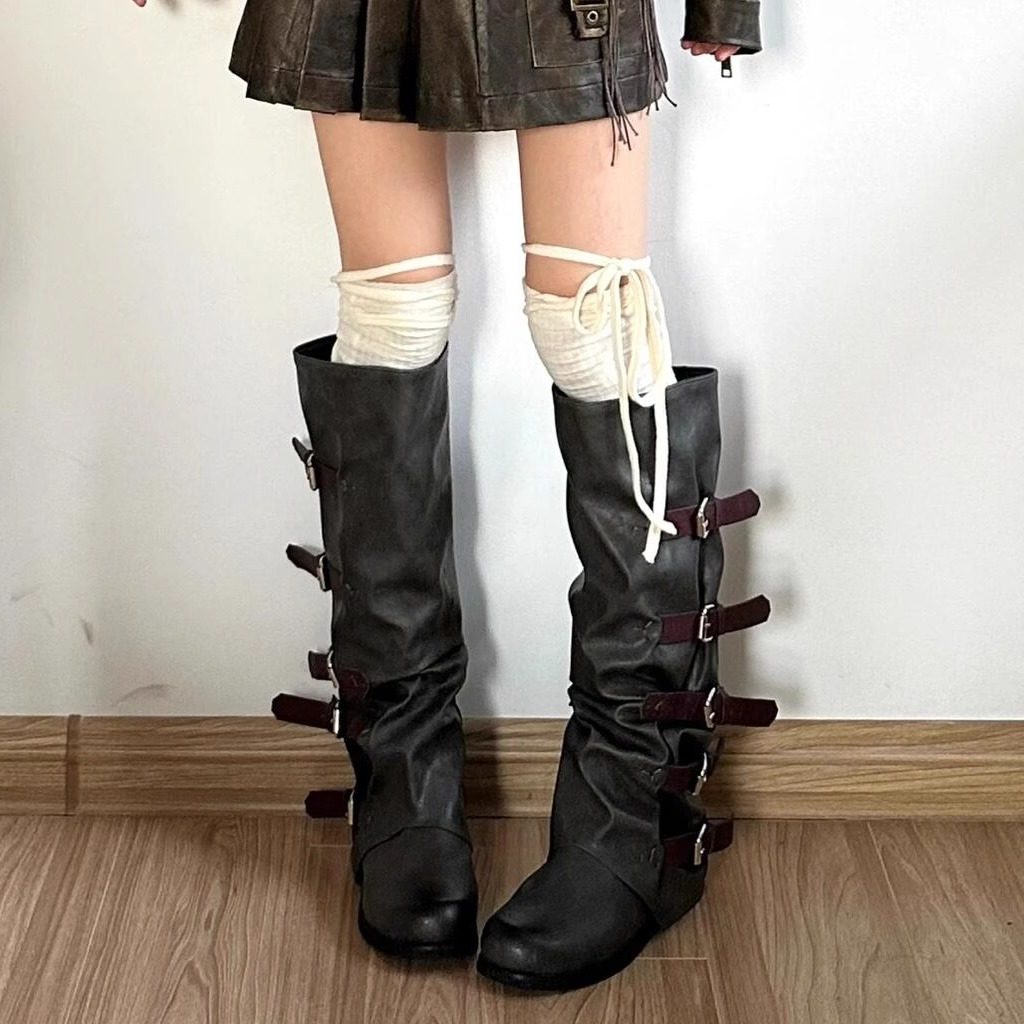 古着废土风西部靴女复古牛仔靴皮带扣堆堆靴显瘦粗跟高筒中古靴子,女鞋,时装靴,淘宝优惠券,粉丝福利购,淘宝优惠卷