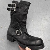 暗黑复古机车靴男士 绑带马丁靴中筒骑士靴美式 工程师靴做旧大头靴