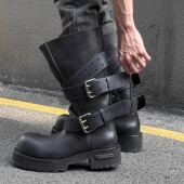 暗黑复古巴黎毒液靴男女款 皮带扣机车靴厚底中筒骑士靴翘头马丁靴