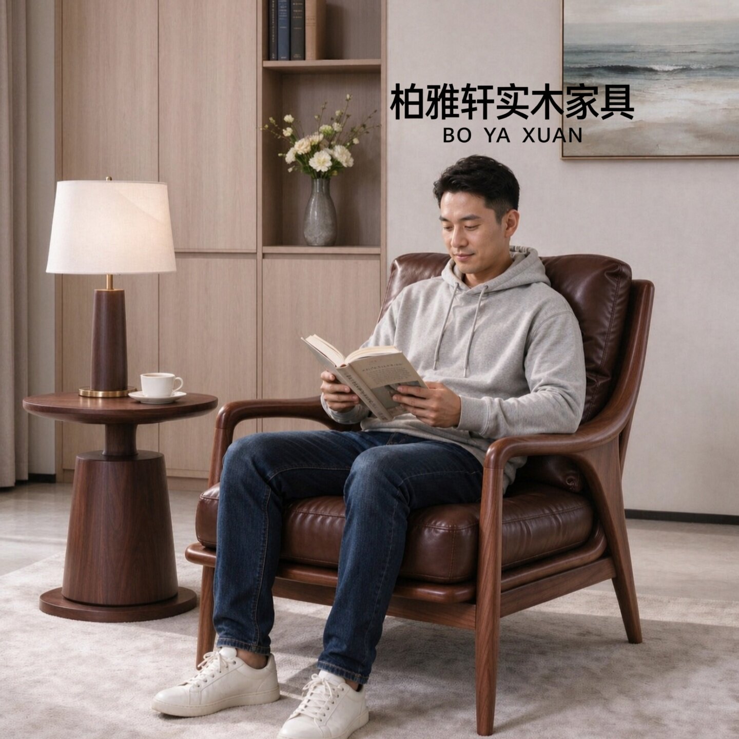 轻奢北美黑胡桃木真皮休闲扶手椅客厅书房实木框架单人舒适沙发椅
