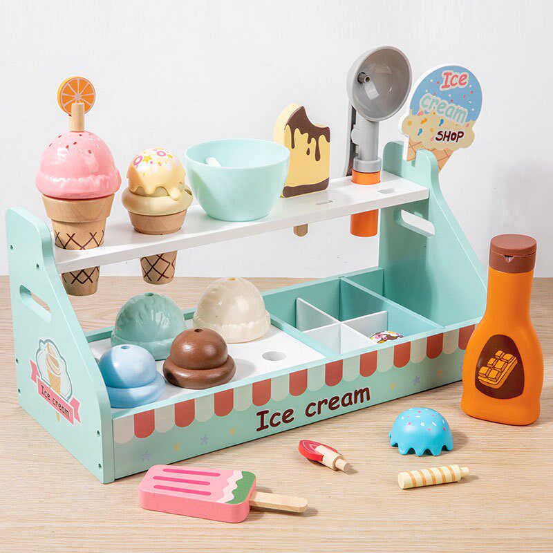 儿童木质仿真双层冰淇淋台玩具宝宝益智制作雪糕巧克力甜筒售卖台