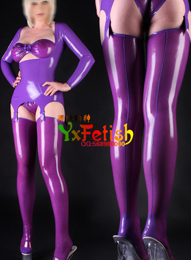 新款特价透明紫色乳胶性感长筒袜光泽弹力皮橡胶美腿袜全包乳胶衣