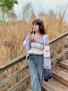 焱焱微胖mm大码女装200斤渐变慵懒风条纹打底毛衣女秋冬新款爆款
