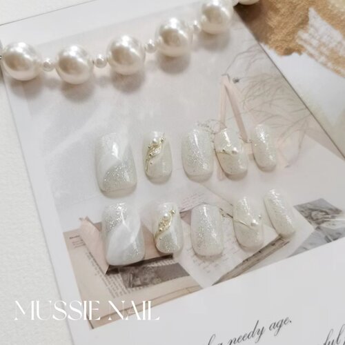 【日落星河】MUSSIE NAIL白色晕染铂金高级感纯手工短款穿戴甲