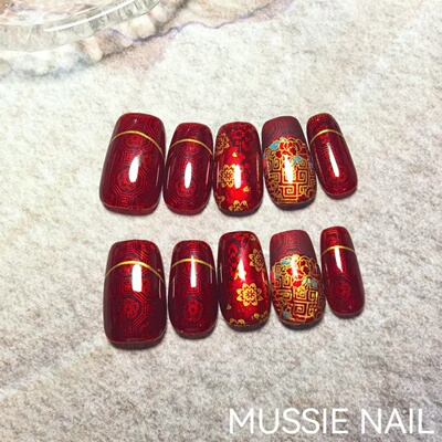 【相思饮】MUSSIE NAIL新年中式红色婚甲牡丹花显白短款穿戴甲