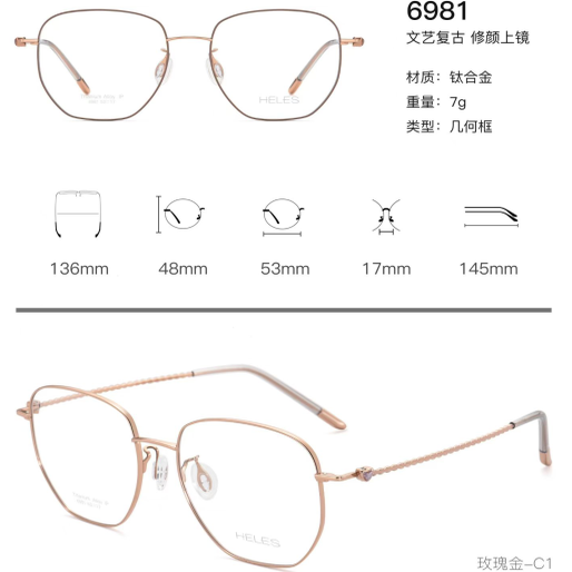 正品海伦丝HELES商务纯钛全框近视眼镜架镜框多边形男女款6981