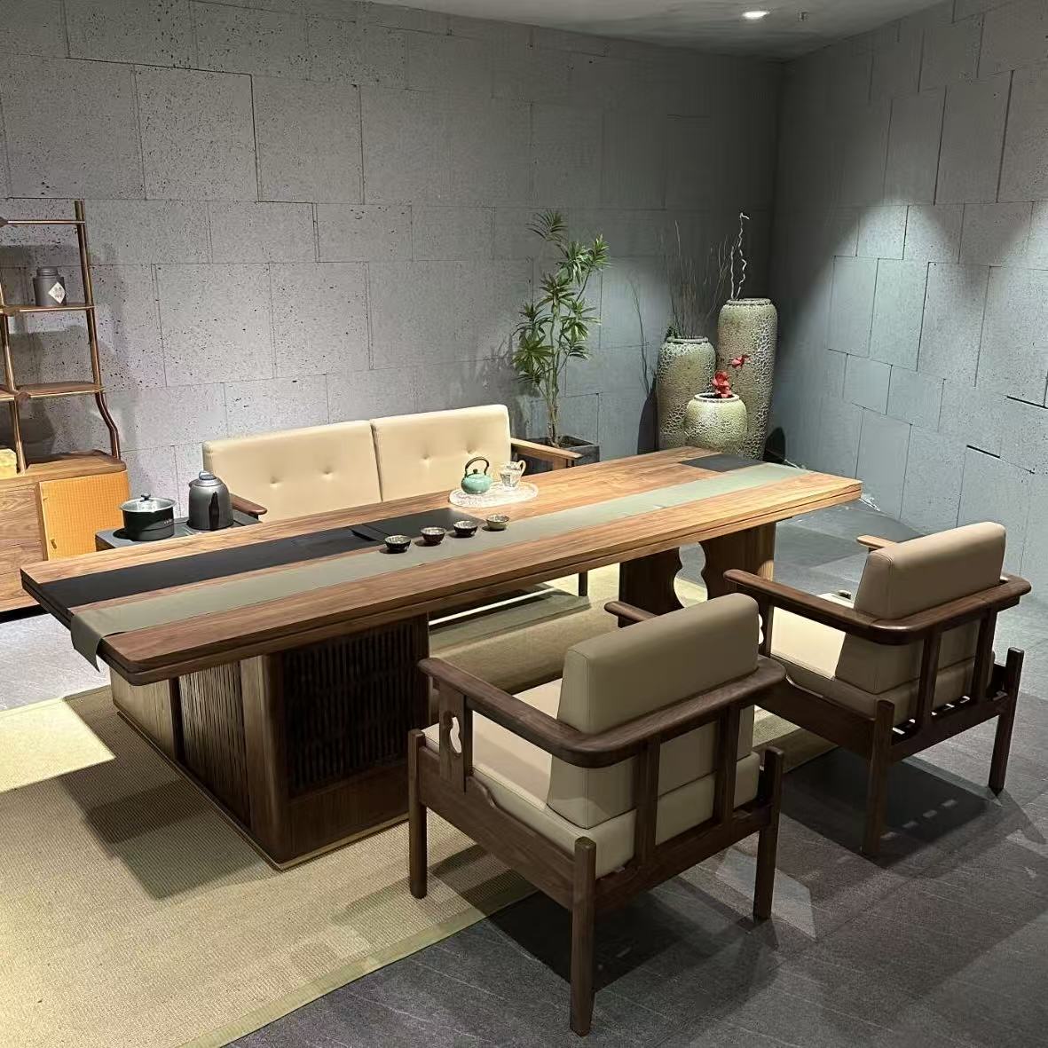 轻奢现代黑胡桃木茶桌高级感大板茶室实木客厅办公室泡茶台