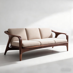 新中式 北美黑胡桃木三人沙发实木沙发简约现代百搭极简小户型客厅