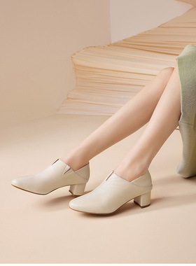 Bata拔佳复古单鞋女2024春季新款羊皮粗跟通勤优雅高跟单鞋25001