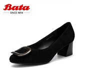Bata时尚 2142DCQ0 真羊皮中高粗跟百搭单鞋 浅口鞋 女2022柜新款
