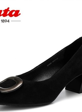 Bata时尚浅口鞋女2022柜新款真羊皮中高粗跟百搭单鞋2142DCQ0