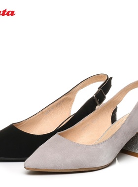BATA/拔佳2022年春新款羊绒皮后空尖头粗跟通勤女凉鞋W9003-38D