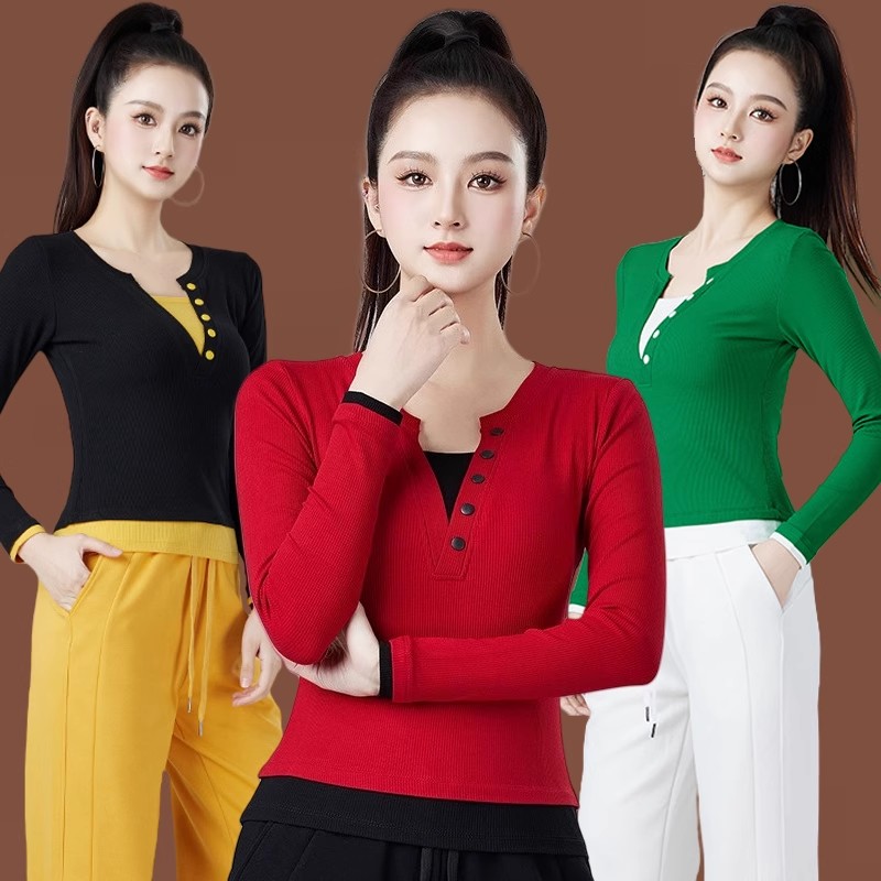 夏新款广场舞服装假两件撞色V领长袖上衣 运动跑步体操跳曳步舞衣