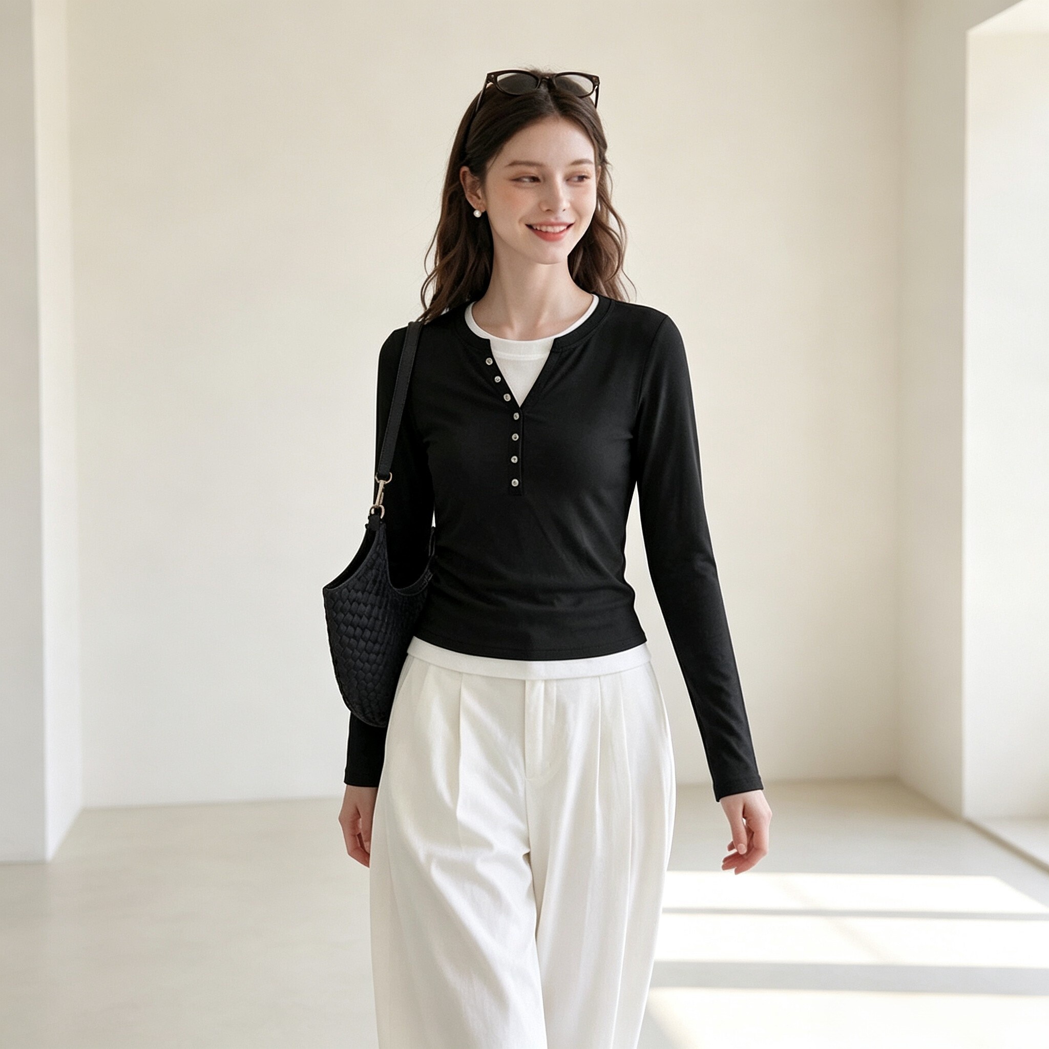 韩系撞色假两件修身显瘦T恤女