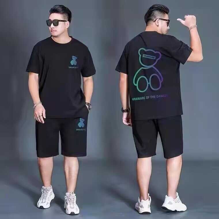 2024年新款夏季休闲港风小熊印花ins冰丝纯色短裤短袖T恤套装男潮