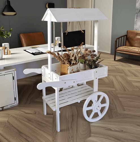 花店落地置物架复古田园花架实木黑板小推车摆件阳台家居店铺装饰