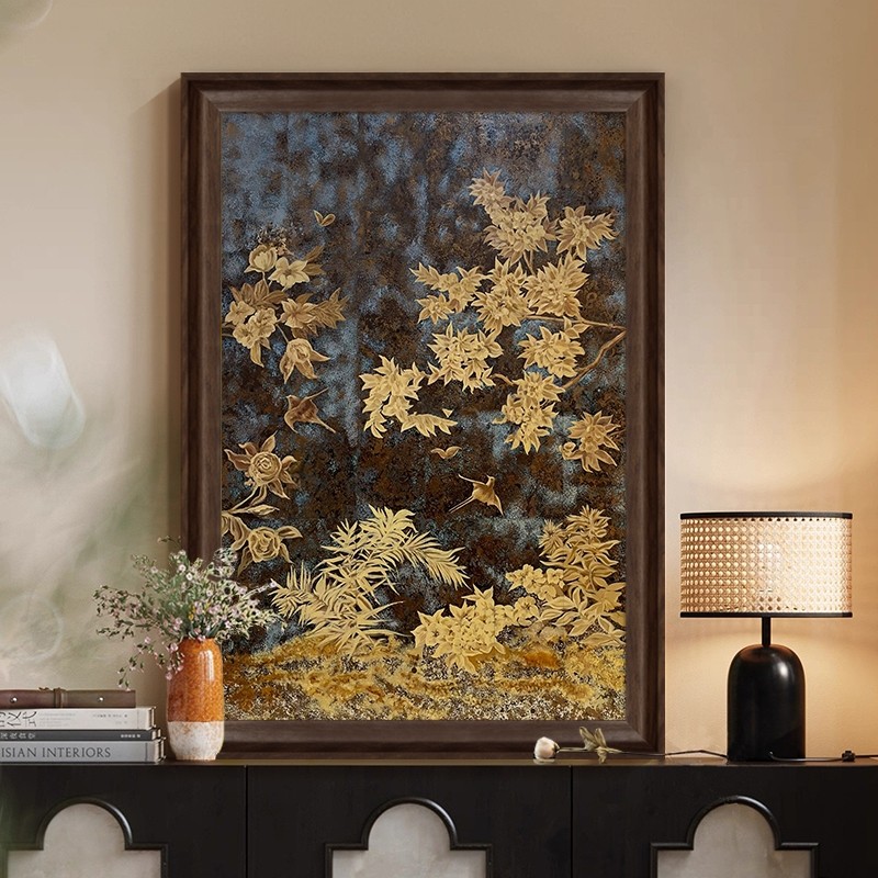 金枝花鸟》美式中古风手绘油画花鸟图客厅装饰画酒店玄关轻奢挂画