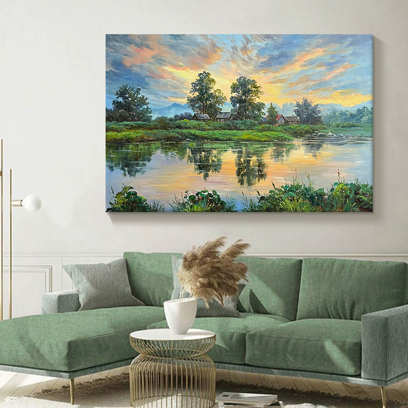 自然风景手绘油画抽象绿色树木装饰画客厅湖面倒影丙烯挂画图片