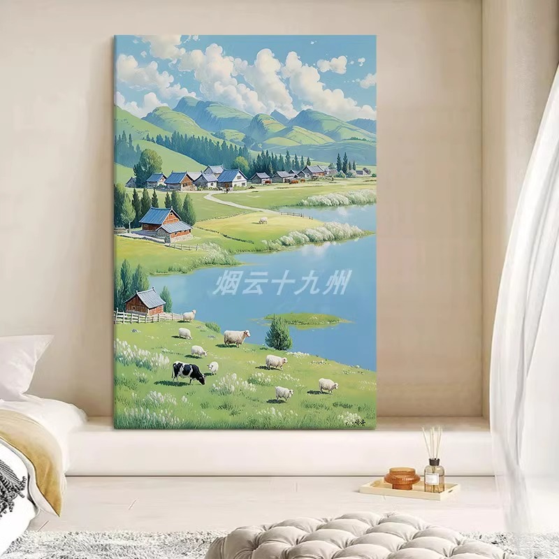 小众风景纯手绘油画客厅小清新自然风光装饰画玄关牛羊群草原挂画图片