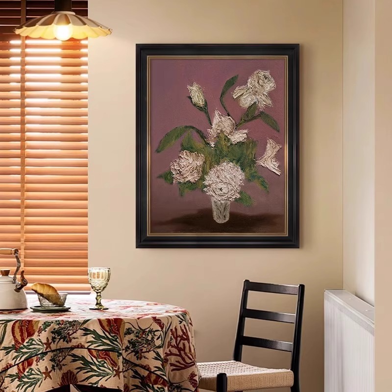 纯手绘高级感植物牡丹抽象客厅装饰画中古复风油画玄关挂画大芬村