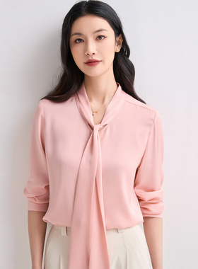 2026春季新款桃粉色蝴蝶结飘带真丝气质衬衫女长袖桑蚕丝百搭上衣