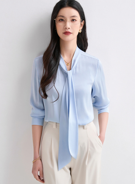 2026春季优雅蓝色真丝飘带衬衫女长袖V领桑蚕丝气质通勤上衣轻熟