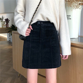 大码 黑色灯芯绒半身裙女秋冬胖mm显瘦遮胯高腰A字包臀裙显瘦短裙