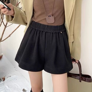 大码松紧腰高腰加厚毛呢短裤女秋冬a字遮胯休闲阔腿外穿打底靴裤