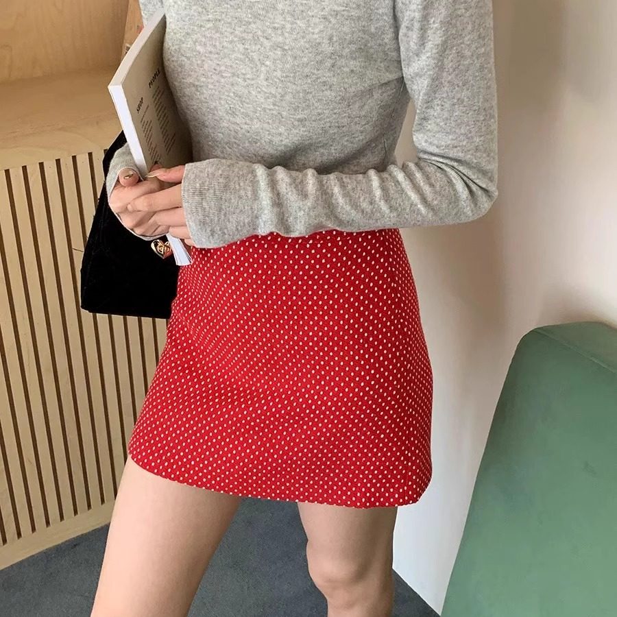 复古红色波点短裙大码百搭短裙