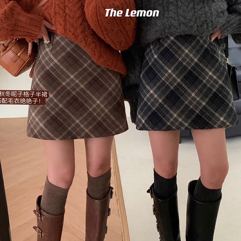 毛呢格子短裙加厚秋冬A字包臀裙