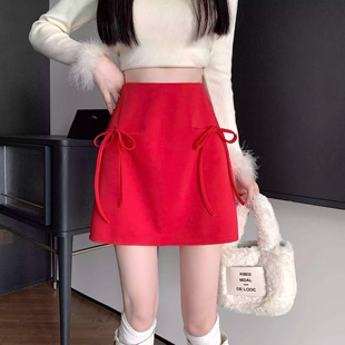 美式 百搭遮胯A字短裙200 辣妹红色蝴蝶结半身裙女2024秋冬新款 大码