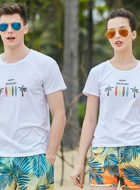 情侣T恤短袖薄款舒适纯棉圆领男女学生打底衫情侣夏海滩装款半袖