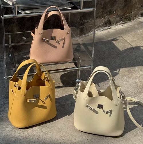 欧尚典糖果色头层牛皮菜篮子包