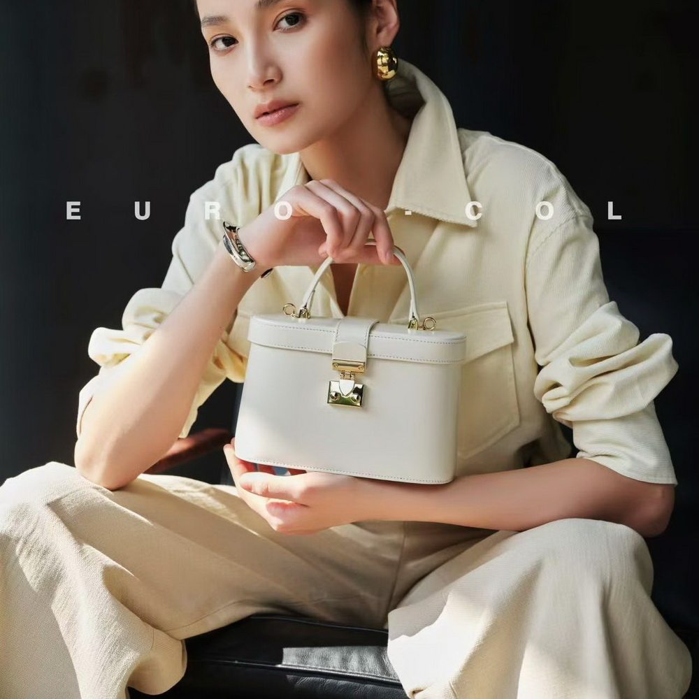 欧尚典女士时尚百搭盒子包真皮小众水桶包高级感手机包手提斜挎包