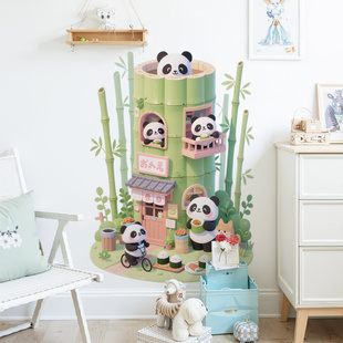 可爱熊猫竹子竹屋自粘墙壁贴纸儿童房间装饰贴花布置遮丑可撕治愈