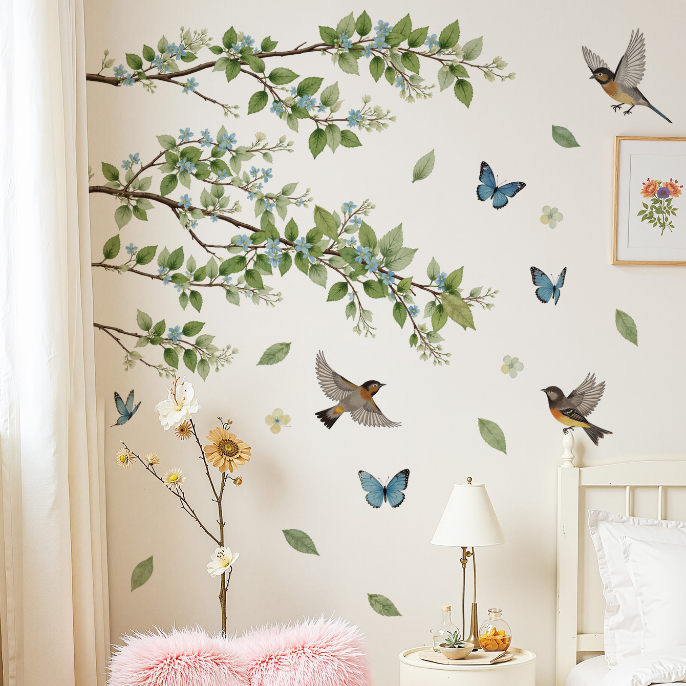 绿叶植物飞鸟墙壁贴纸自粘墙面上装饰贴花布置出租屋改造房间可撕