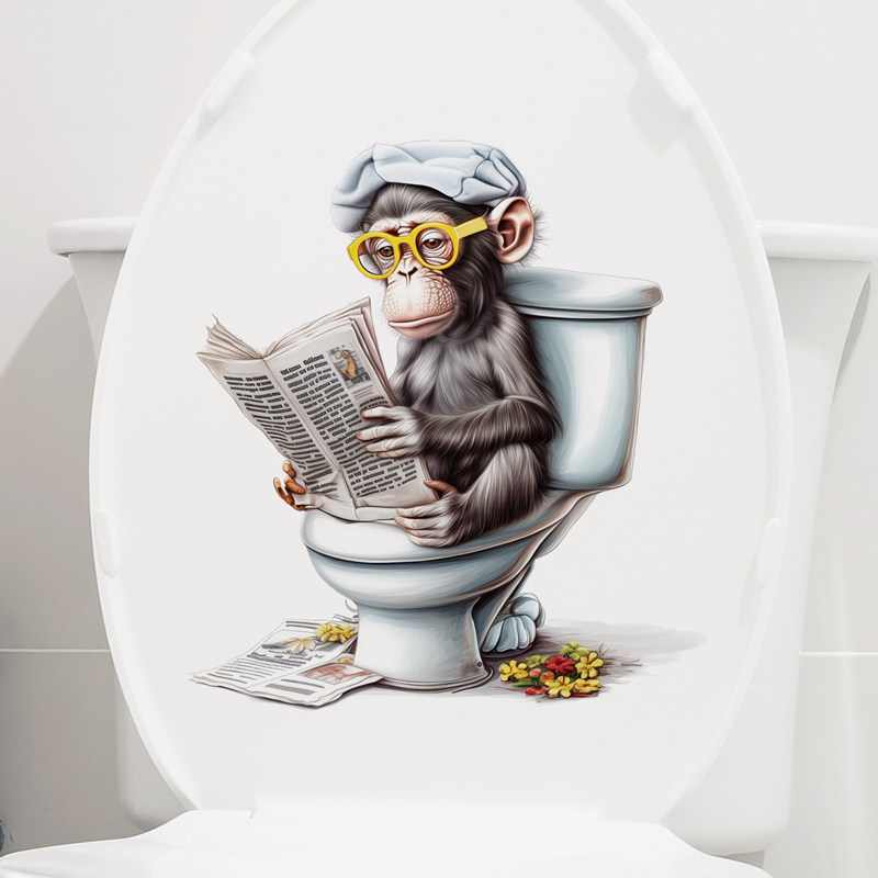可爱动物狒狒猴子看报纸搞笑墙贴画自粘浴室厕所马桶贴纸装饰遮瑕
