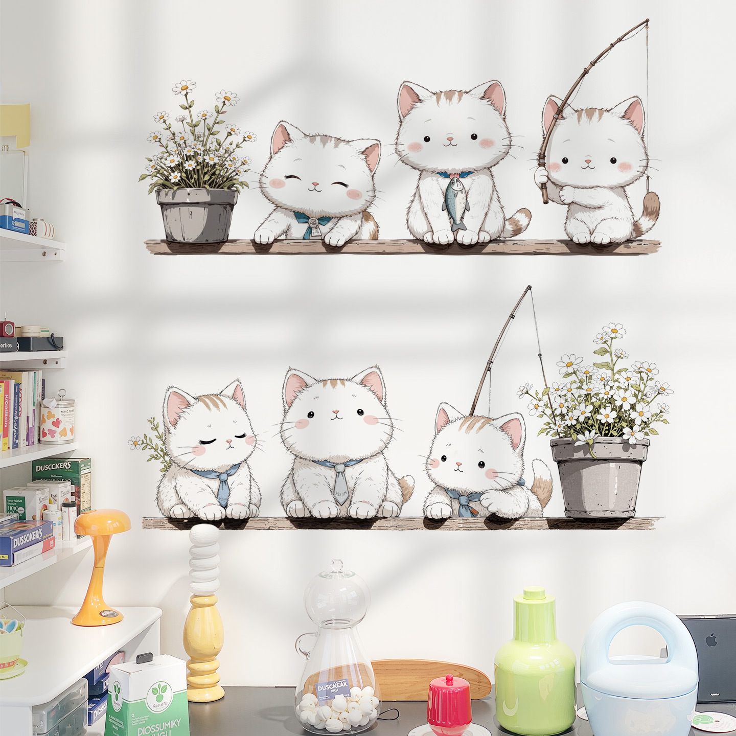 可爱猫咪墙贴纸钓鱼自粘墙面遮丑挡钉孔洞裂纹装饰贴画儿童房卧室图片