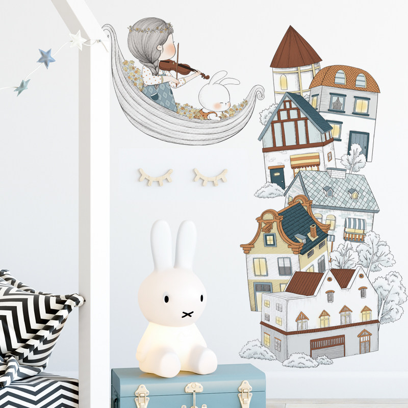 音乐元素墙贴纸月亮穿卡通小房子幼儿园教室房门儿童房墙上装饰画