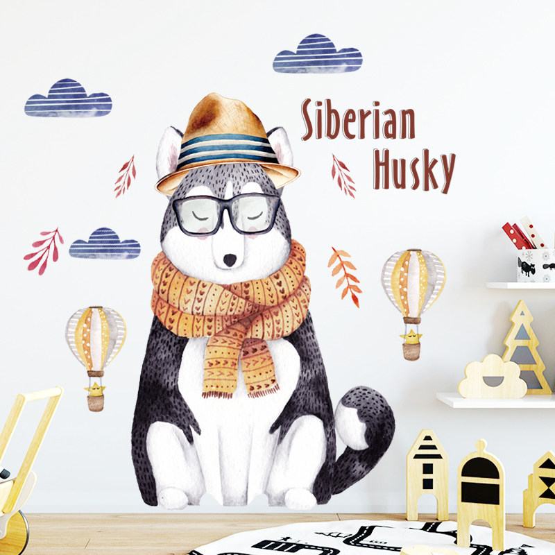 ins卡通墙贴卧室宿舍网红背景装饰自粘贴画墙壁房门防水哈士奇狗