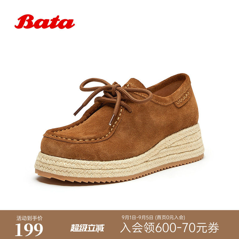 Bata袋鼠鞋女2026春商场新款通勤百搭时尚厚底牛剖皮单鞋图片