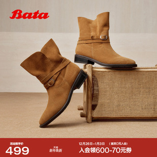 靴女AXG65DZ5 百搭复古西部靴中筒时装 Bata旷野漫游2025冬季 新款