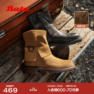 Bata西部靴女2025冬商场新款 靴AD741DZ5 牛皮复古牛仔中筒加绒时装