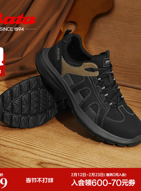 Bata休闲鞋男秋季新款厚底牛皮通勤透气百搭运动鞋EJU12CM4