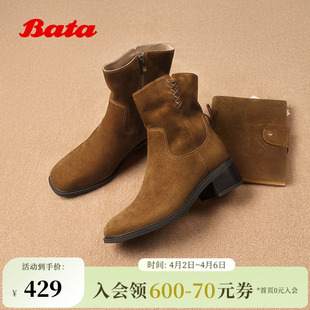 Bata西部靴女冬商场新款 牛仔靴ATO48DZ5 羊皮百搭复古粗跟时装