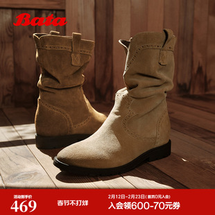 王子奇同款Bata沙丘轨迹西部靴女25冬牛剖皮复古牛仔靴67011DS5