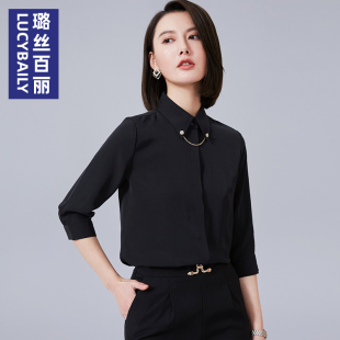 气质垂感时尚 职业衬衣夏季 洋气上衣 女七分袖 璐丝百丽黑色雪纺衬衫