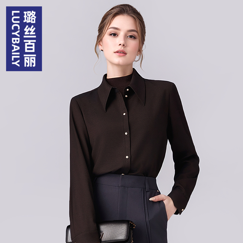2025新款黑色尖领长袖衬衫女高级感复古衬衣气质小众职业通勤上衣